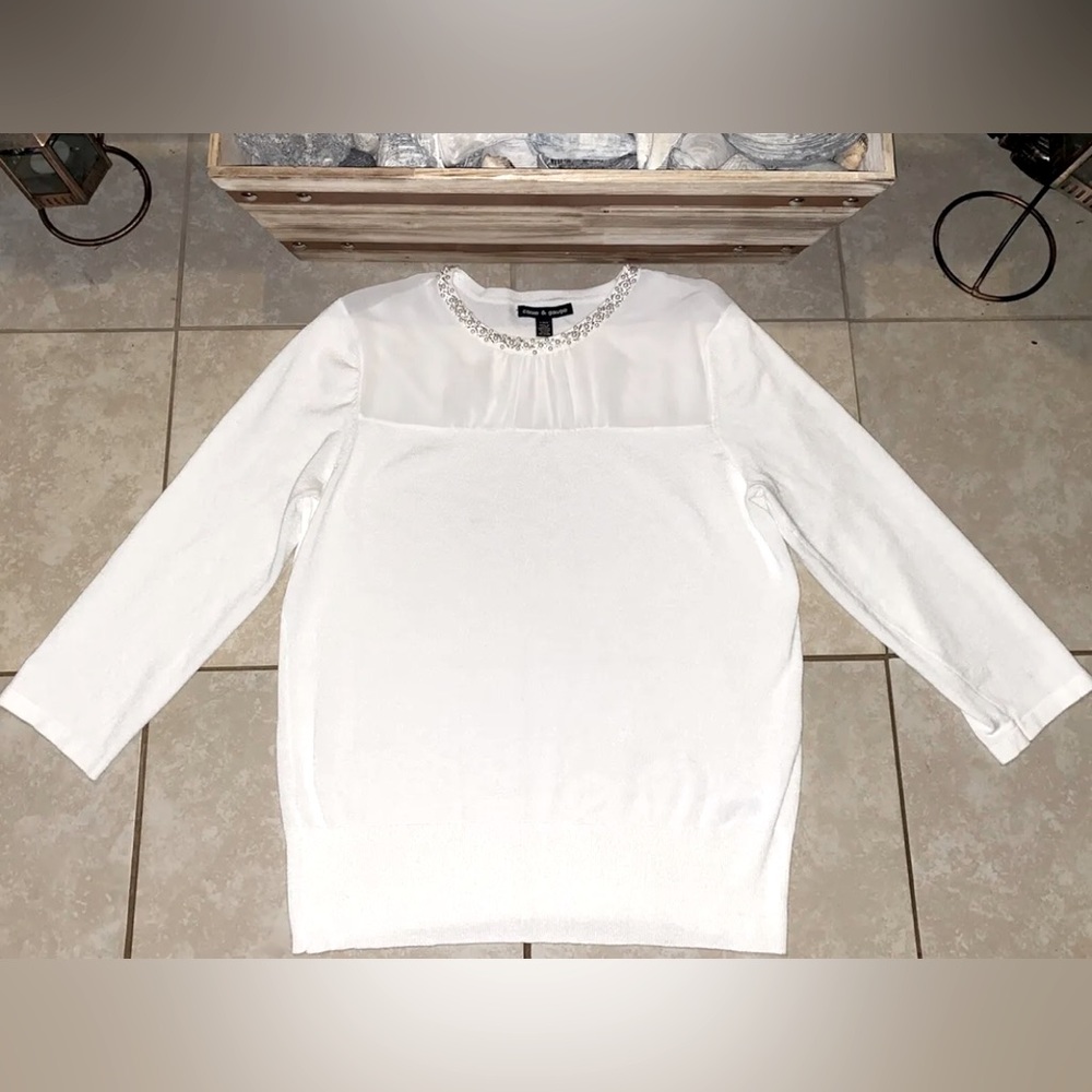 Cable & Gauge Women’s Beaded Collar Sweater Chiffon Chest Fabric L(12-14) White